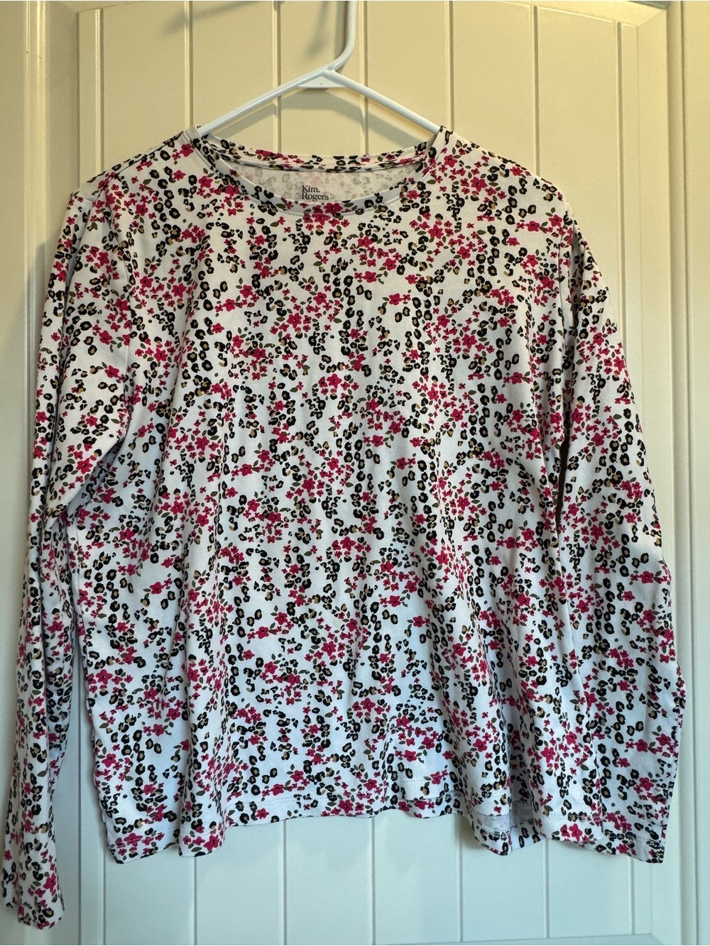 Kim Rogers White Long Sleeve Tee with Pink Floral and Black Leopard Spots